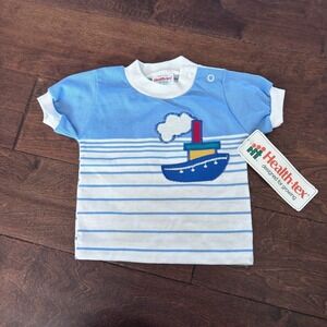 Vintage Healthtex Boys 12 Month Shirt Size Tug Boat Blue New Made In USA